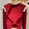 2025 Autumn Women's Apricot Lace Patchwork Knitted Sweater