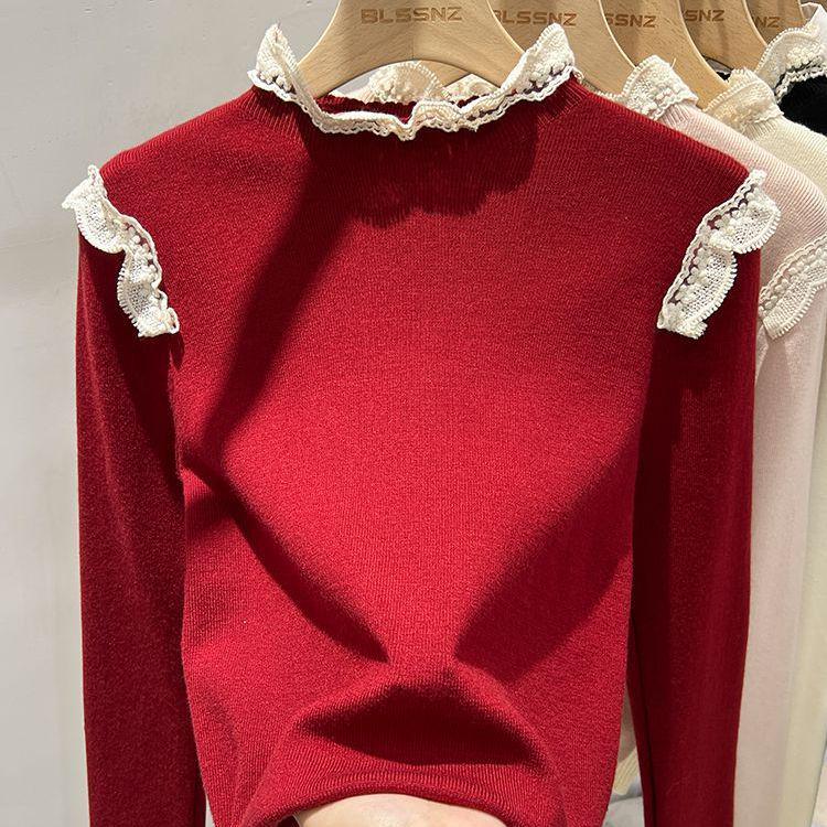 2025 Autumn Women's Apricot Lace Patchwork Knitted Sweater