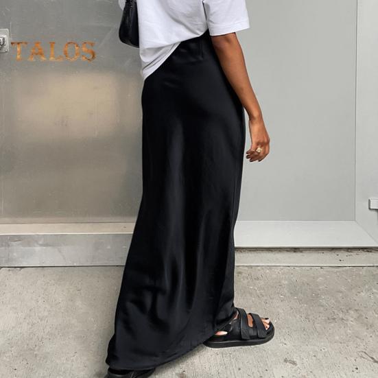 Damen Satinrock, hohe Taille, Midi-Langer Rock, schmaler Wickelrock, Hüftrock in A-Linie, Kunstseide, für Frühling, Sommer, Streetwear
