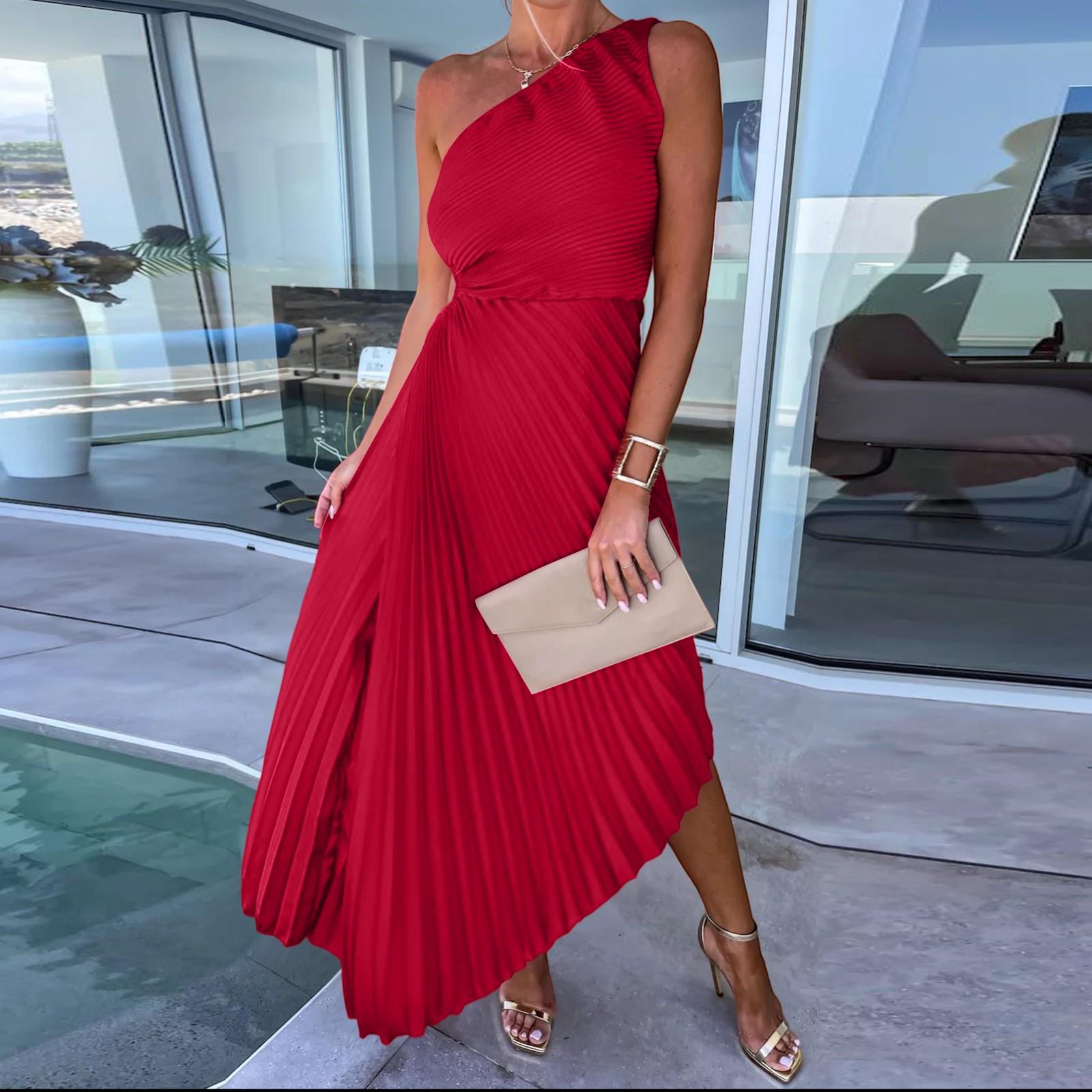 

Женское модное однотонное повседневное сексуальное темпераментное платье с одним плечом, покатым воротником, плиссированное, с вырезом, длинное платье L красный
