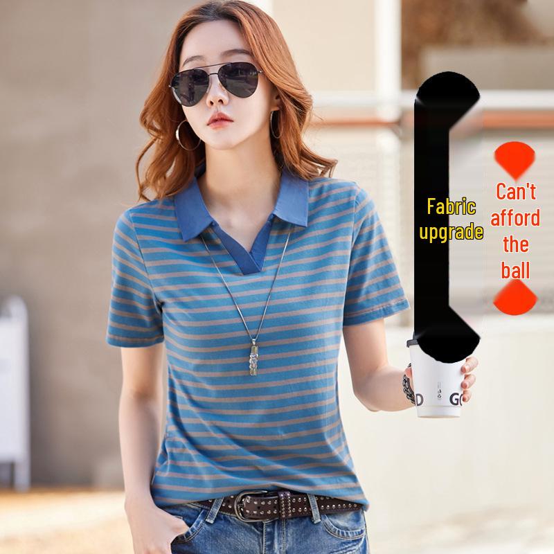 Women s Pilling-Resistant Striped Slim Cotton T-Shirt, Short Sleeve, Korean Lapel Style XL