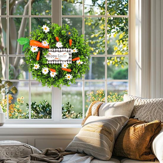 Artificial Eucalyptus Wreath with Carrots Spring Summer Wildflower Wreath with Green Leaves for Front Door Wall Window Porch Easter Party Decor