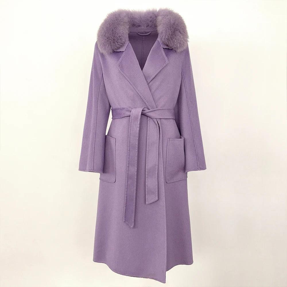 OFTBUY 2024 Autumn Winter Real Fox Fur Collar Water Ripple Double-Sided Woolen Coat Women Long Coat 100% Wool Removable Fur Collar