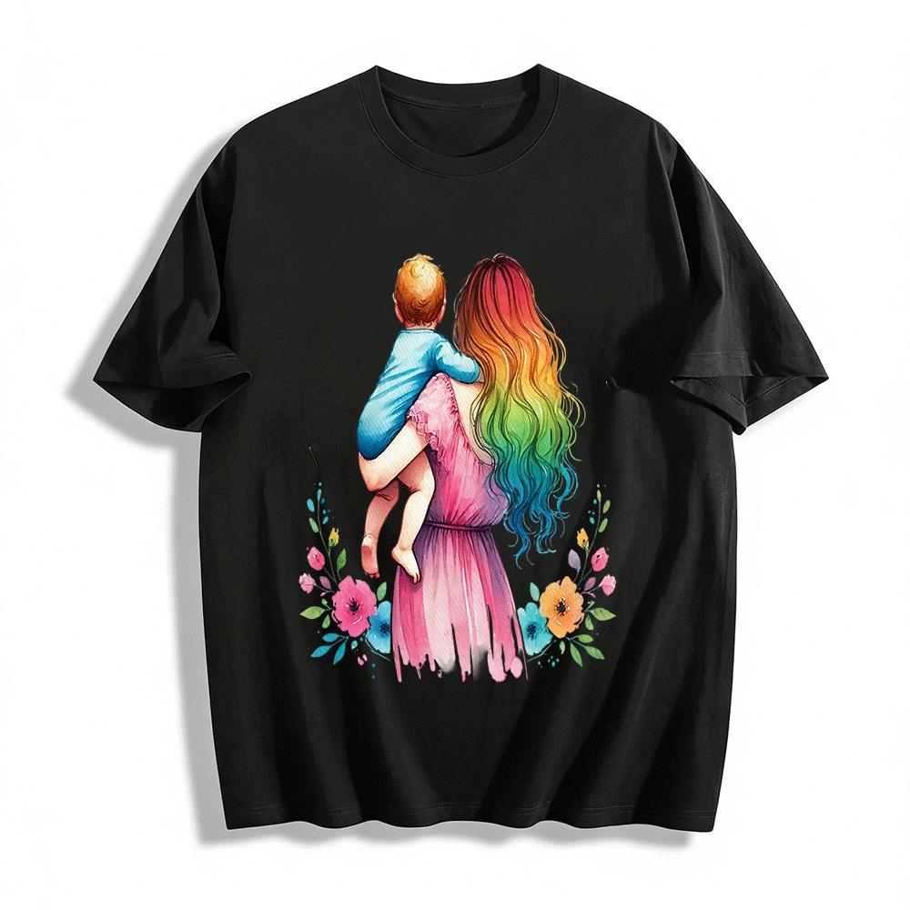 Watercolor Mom Holding Baby Print Casual Top For Women Pure cotton T-shirt XXS