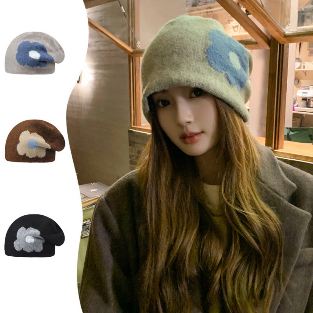 

Big Flower Winter Hat Cotton Blend Beanies Cap Fashion Knitted Hat Women