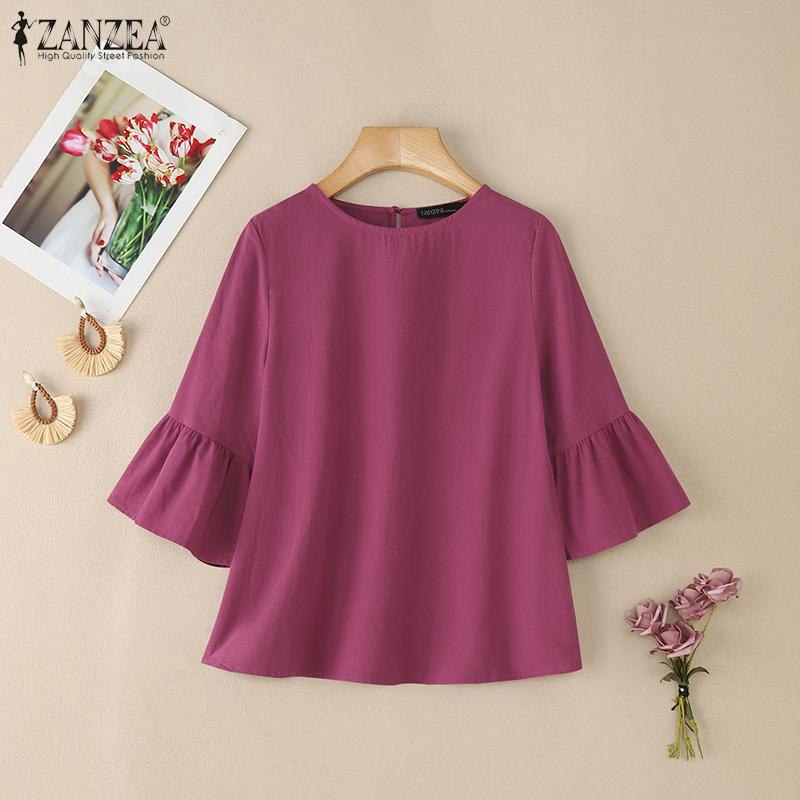ZANZEA Women Casual Round Neck Solid Color Loose 3/4 Sleeve Blouse