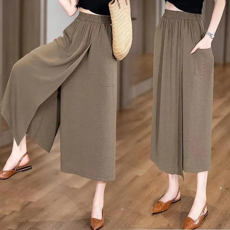 Womens Solid Split Wide Leg Pants Casual High Waist Culottes Skirt Pants