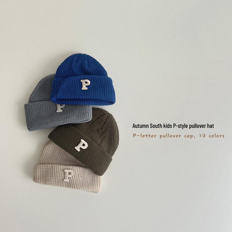 Korean Simple Letter P Logo Baby Knitted Wool Pullover Hat - Autumn & Winter Warm Melon Skin Baby Hat