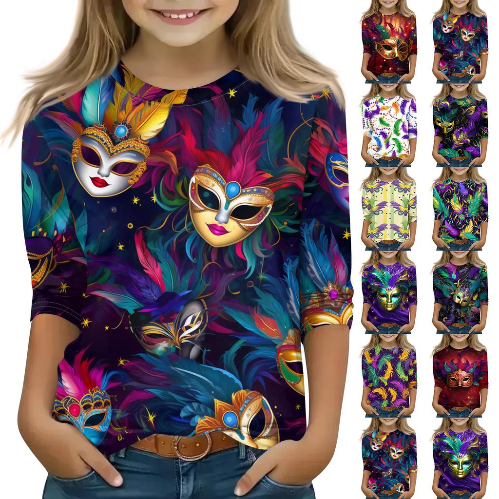 Print Tops For Youth Girls Round Neck 3/4 Sleeves T-Shirts Trendy Tops Outfit Tees
