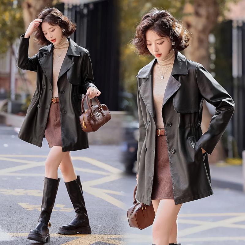 Women's Mid-Length Sheepskin Leather Trench Coat - 2025 Spring/Autumn Fashion in Small Sizes