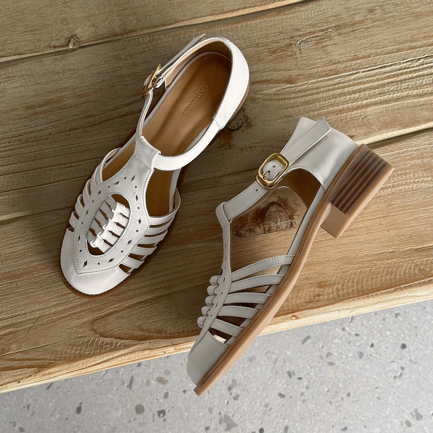 

2025 летние женские сандалии-босоножки из натуральной кожи первого слоя на толстой подошве, новые летние ажурные на среднем каблуке, универсальные 34