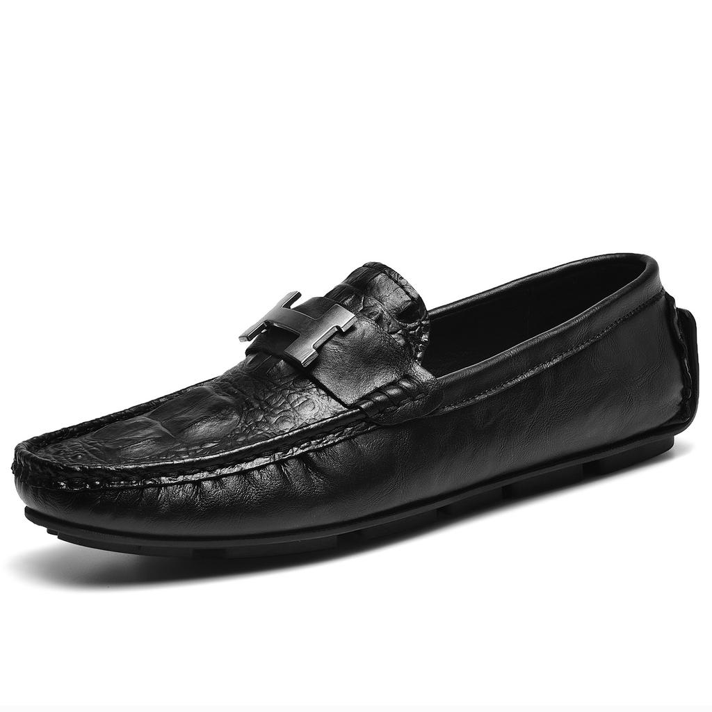 Winter warm velvet beanie shoes crocodile pattern lazy driving shoes British casual men's leather shoes genuine leather cowhide cotton shoes