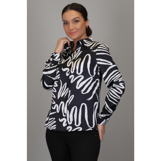 Damska koszula z długim rękawem z lycry satynowej we wzory w kolorze czarno-białym DK 1001