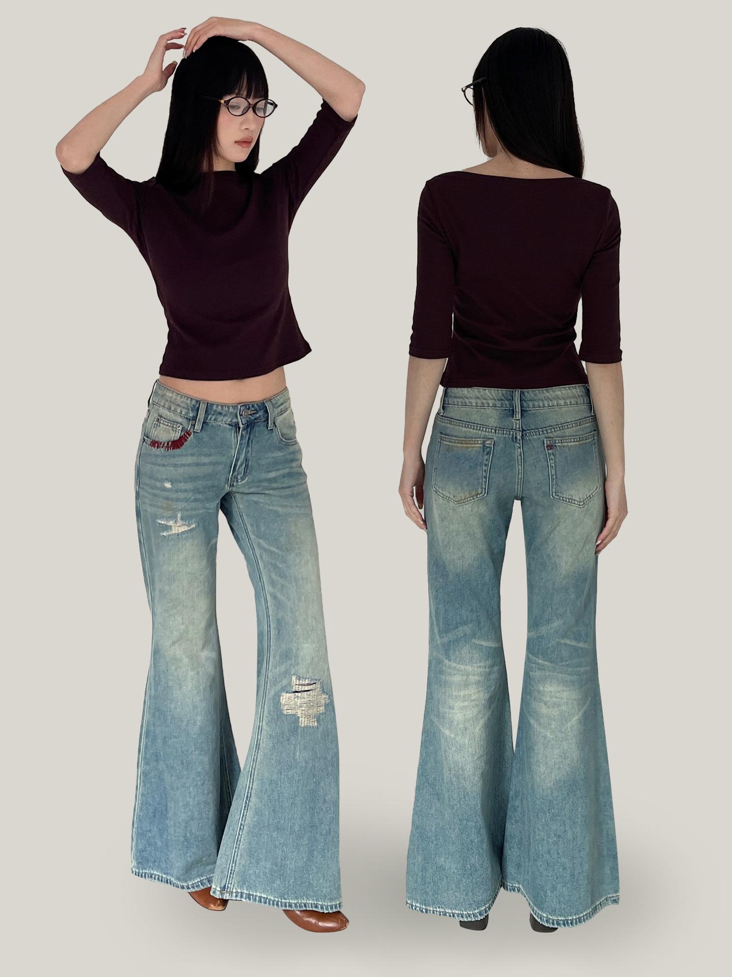 Yuyi Retro Distressed Patchwork Micro Flare Jeans for Women - 2026 Spring Design S (under 50kg)