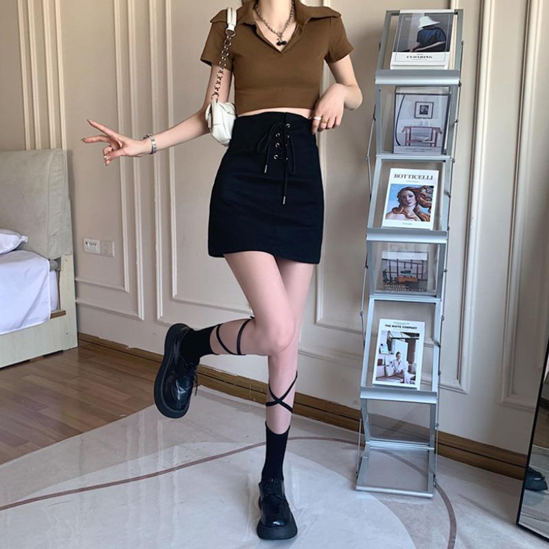 Women's Drawstring Bodycon Skirts Summer High Waist Slim Fit Vintage Black Bottoms Streetwear Y2K Clothing