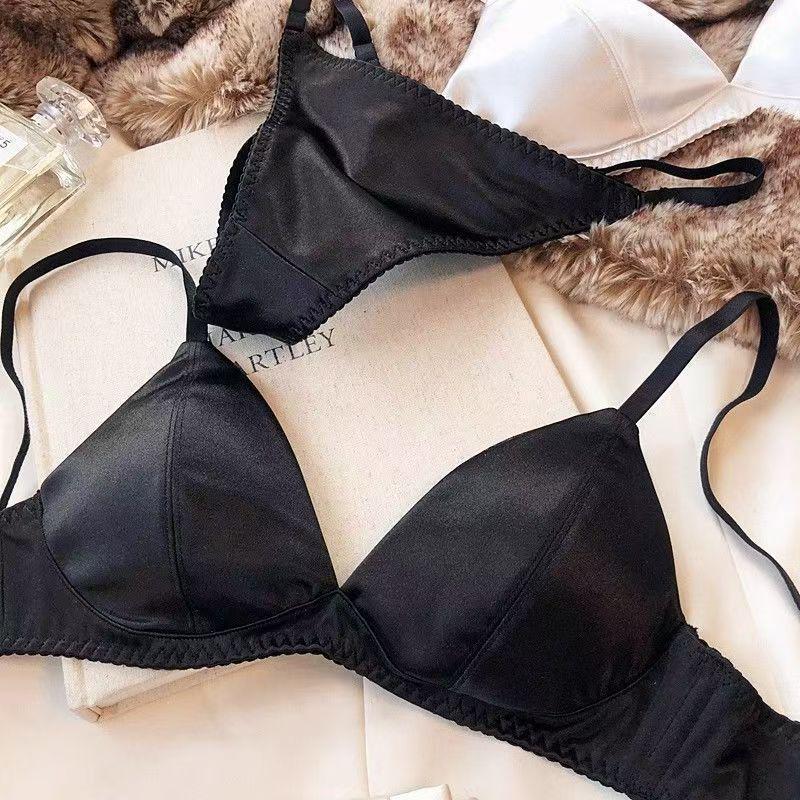 European and American French Satin Triangle Cup Bra and T-Pants Set - Sexy, Wireless, Comfortable
