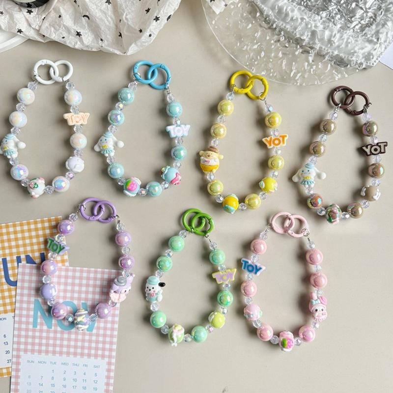 Sanrio Beads Phone Pendant Hello Kitty Kuromi Melody Keychain Wrist Strap Bag Decor Car Keyring W/Card