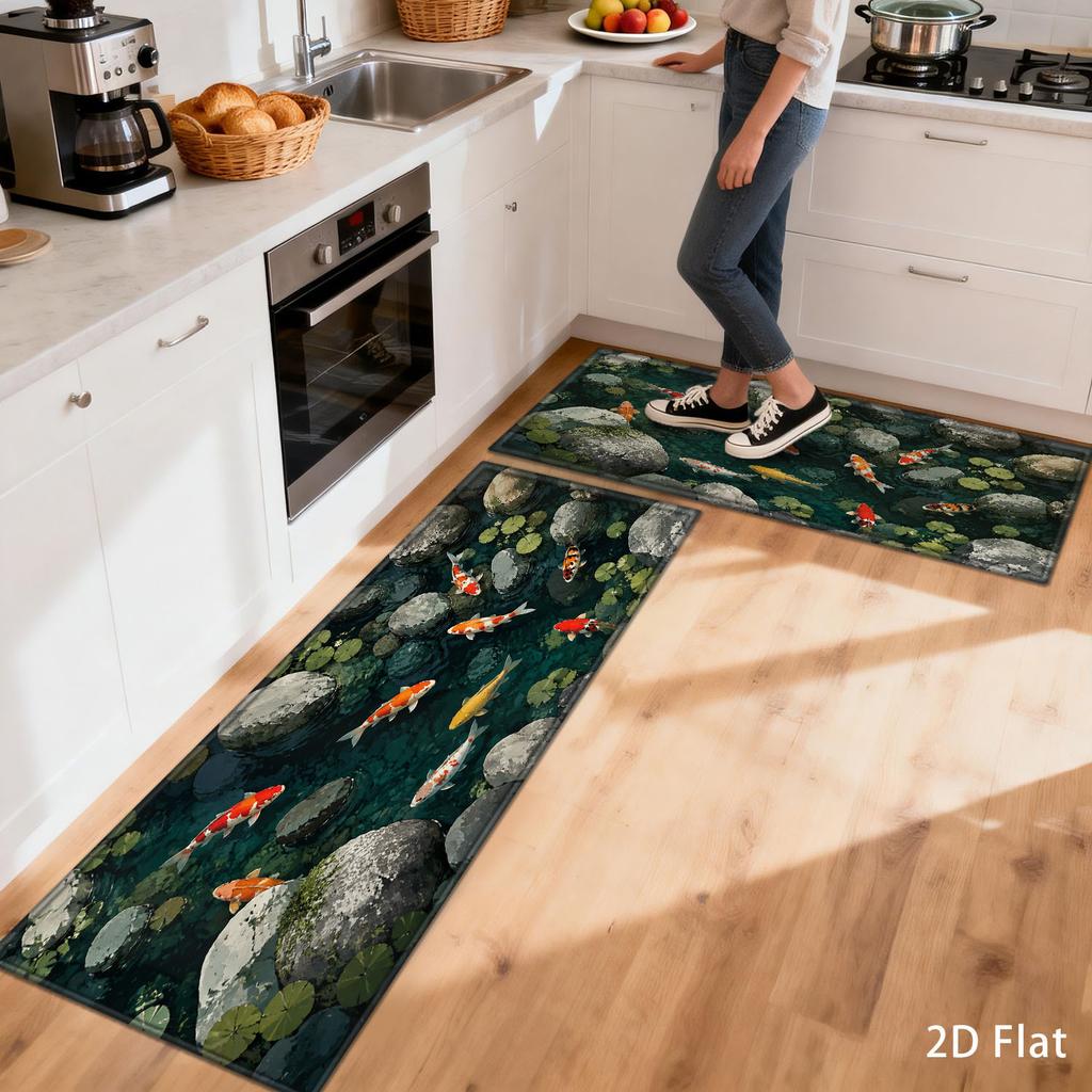 1Pcs Anti Fatigue Kitchen Rugs Koi Fish Clear Pond Print Waterproof Non Slip Thick Cushioned Mat