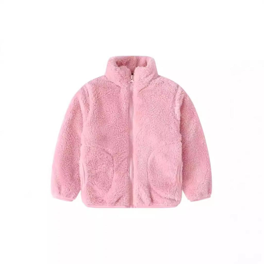 Spring and Autumn Boys and Girls Children's Warm Fleece Solid Color Collar with Pockets Long-sleeved Korean Fashion Jacket