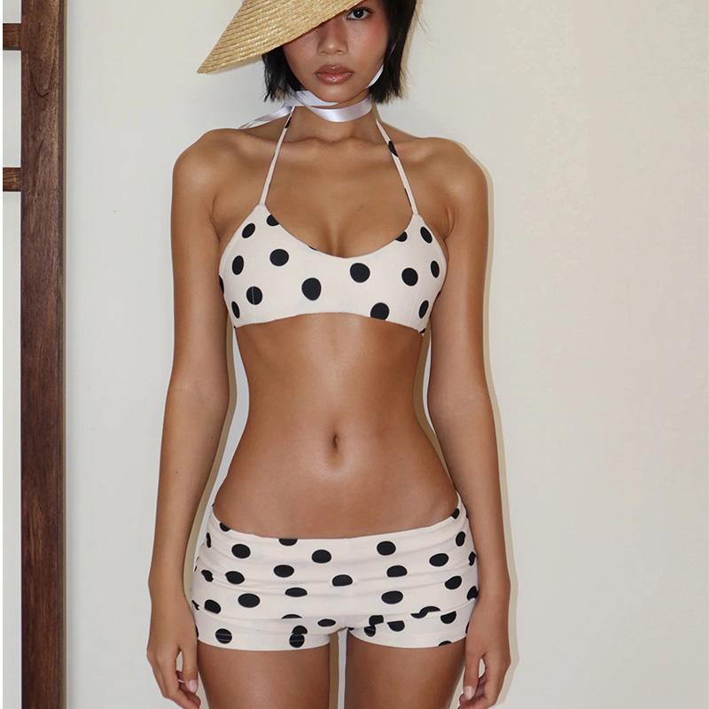 Conjunto de Bikini Retro de Lunares para Mujer – Top de Tirantes Nudo y Braguita tipo Boyshort, Atractivo Traje de Baño para Vacaciones en la Playa