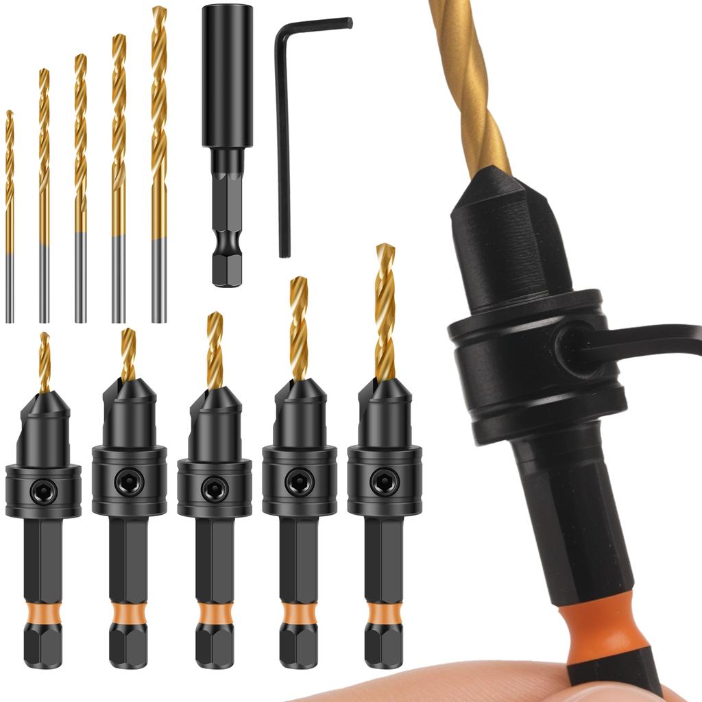 5-teiliges HSS-Senkerbohrer-Set mit austauschbaren Bohrern magnetischem Halter L-Schlüssel für Bohrmaschine geeignet für schnelles