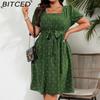 BITCED Plus Size Women's Elegant Vintage Polka Dot Waist-Tied Square Neckline Full-Skirt Dress