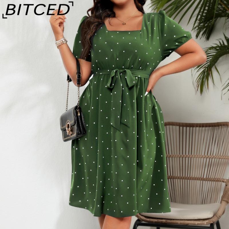 BITCED Plus Size Women's Elegant Vintage Polka Dot Waist-Tied Square Neckline Full-Skirt Dress