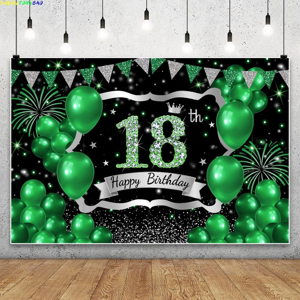 Happy 18th Birthday Photo Backdrop Green Balloons Theme Girl Boy 18 Years Old Birthday Party Decoration Photography Background