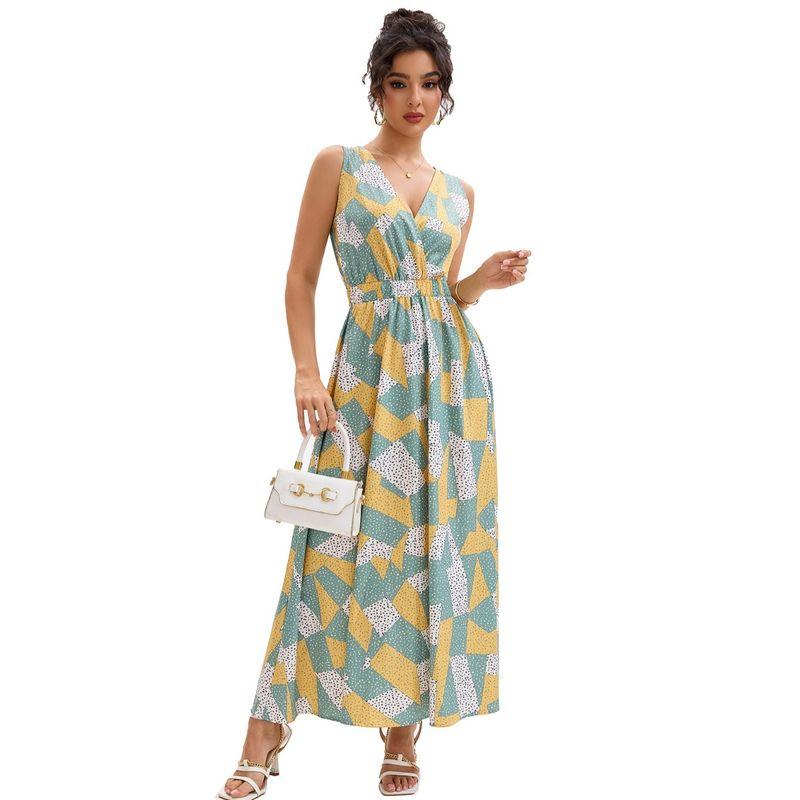 Vacation Seaside Skirt Irregular Geometric Print V-neck Temperament Elastic Waist Hugging Slimming Sleeveless Vest Skirt Long dress Women
