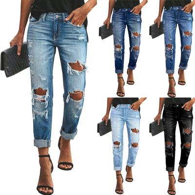 Ladies' Solid Color Loose Casual Ripped Casual Jeans