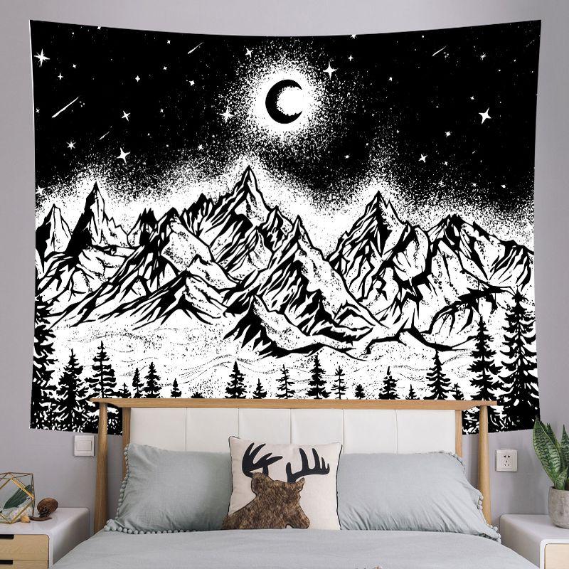 Black White Starry Mountain Moon Wall Tapestry Night Sky Pine Tree Forest Landscape Line Art Minimalist Nature Decor Soft