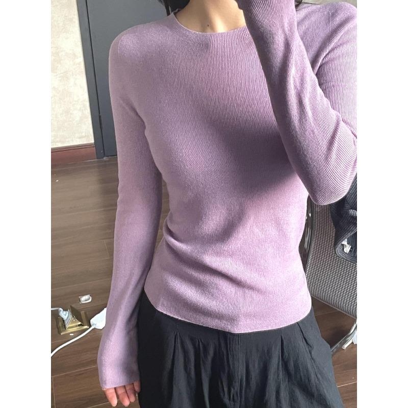 

Белая облегающая футболка с круглым вырезом для женщин, тонкая для осени и зимы, свитер внутри и снаружи, трикотажный топ-свитер с вязаным передом плеча One size fits all [recommended 80-60kg] фиолетовый