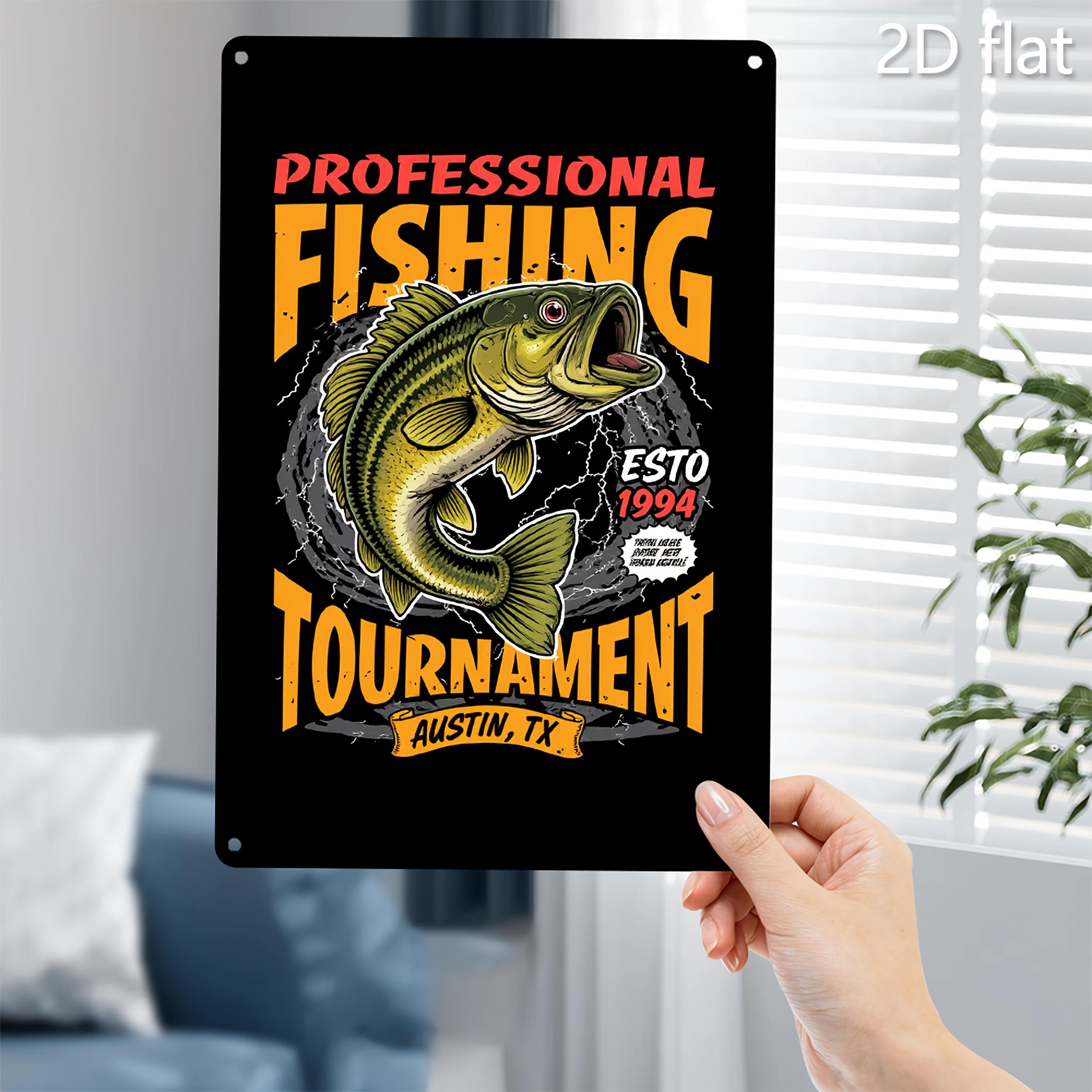 Винтажная жестяная табличка 1994 года «Рыболовный турнир» Настенное искусство Рустикальная металлическая табличка с изображением прыгающей рыбы Смелые красно-желто-черные цвета 20x30cm（7.8x11.8inch）