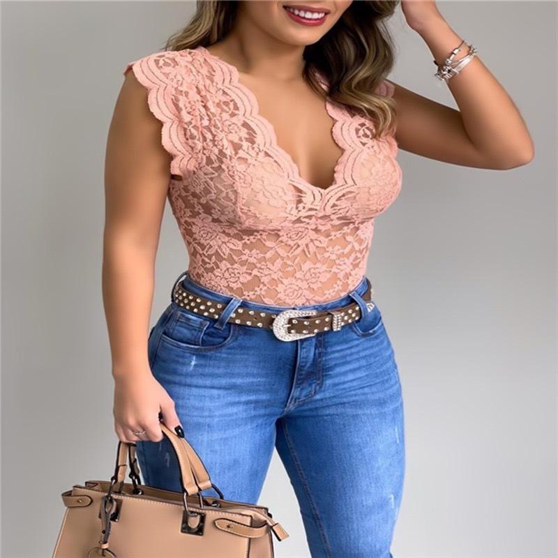 Elegant Women'S Red Lace V-Neck Short Sleeve Top  Floral Print Stretchy & Form-Fitting Fashion Top Lace Detailin