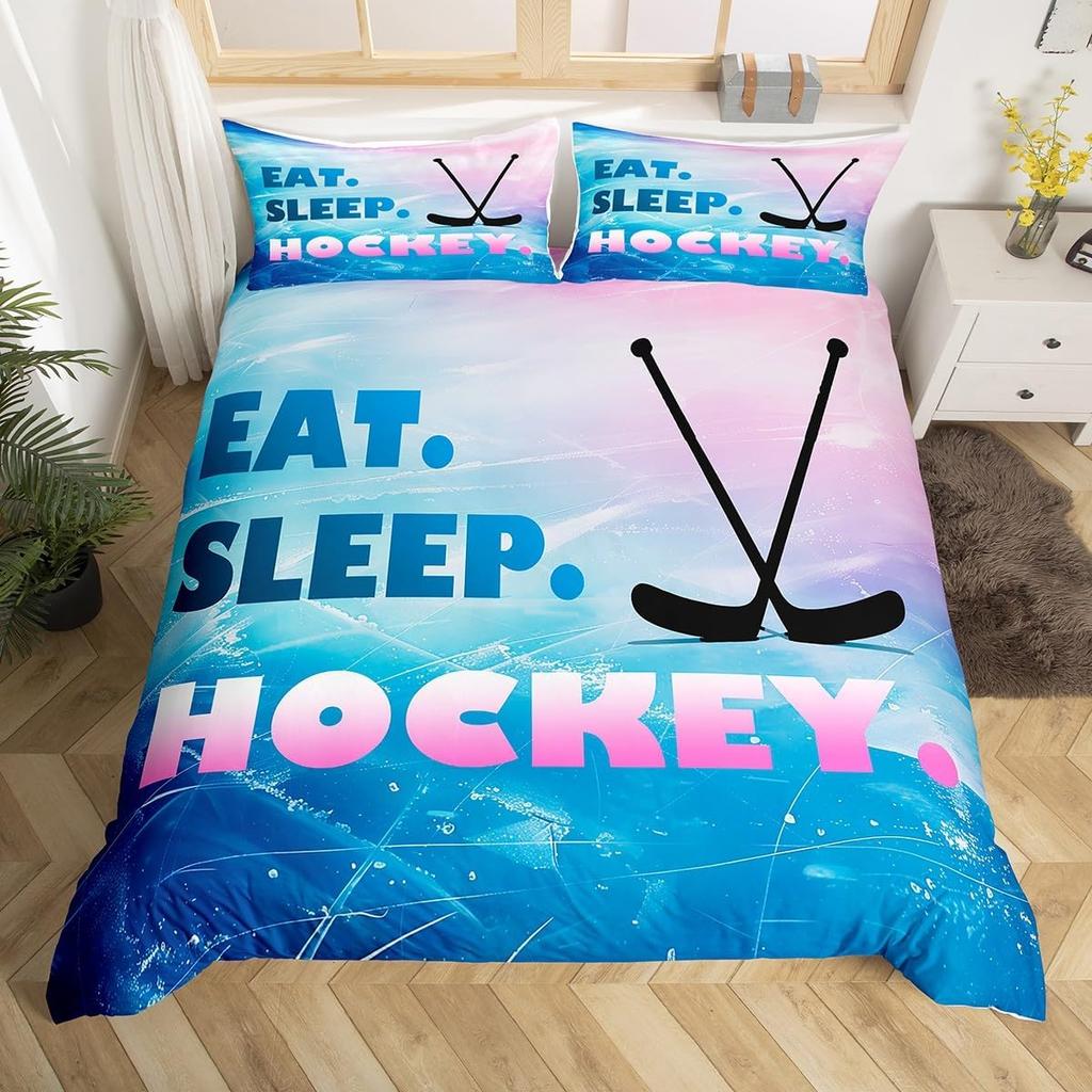 Ice Hockey Duvet Cover Twin Queen for Kids Boys Girl Young Man Winter Ice Sports Games Comforter Cover Helmet Skates Bedding Set