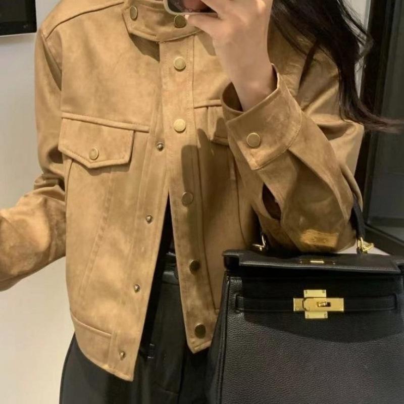 Women's Autumn-Winter Korean Style Suede Jacket - Slimming, Loose Fit, Short Length, Long Sleeves