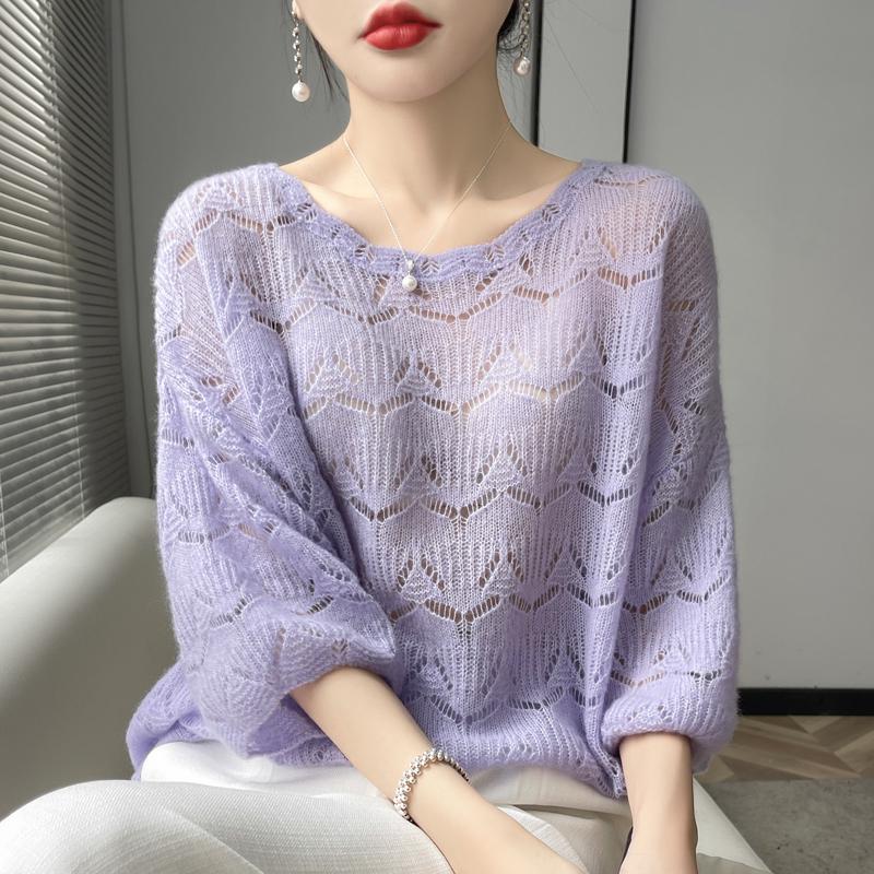 Women's Cashmere Round Neck Crochet Knit Sweater - Loose, Short-Sleeve, Hollow Design.