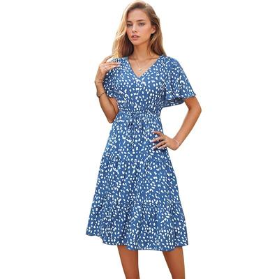 Vestidos de Verão Femininos 2024 Floral Manga Curta Transpassado Decote V Babados A-Line Vestido de Sol