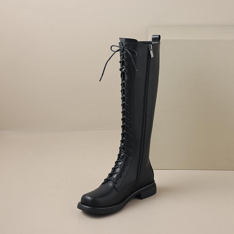 Krazing Pot Cow Split Skin Autumn Winter Shoes Concise Thick Heels Size 41 Thigh High Boots Keep Warm Round Toe Slip On Retro Knee Boots