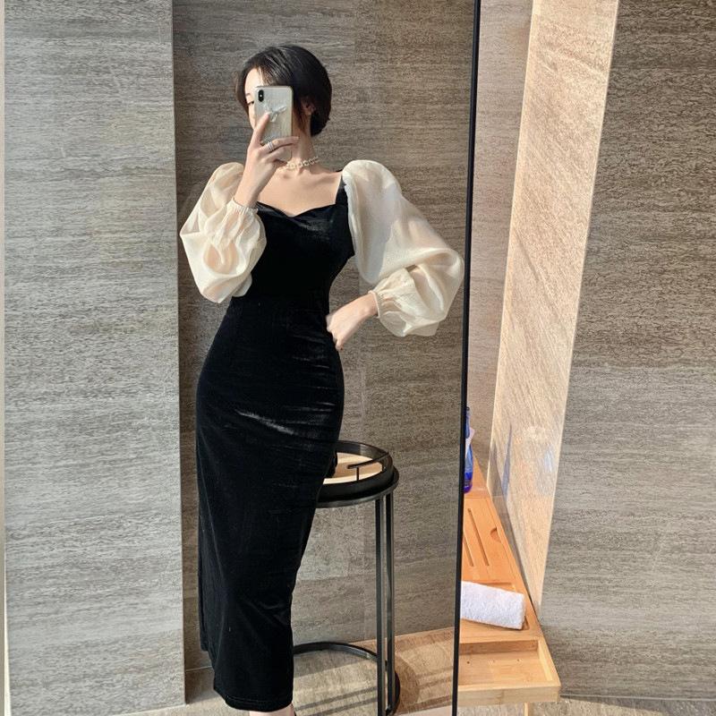 #Good Quality New Black French Celebrity Temperament Versatile Muse Fan Golden Velvet Square Neck Dress