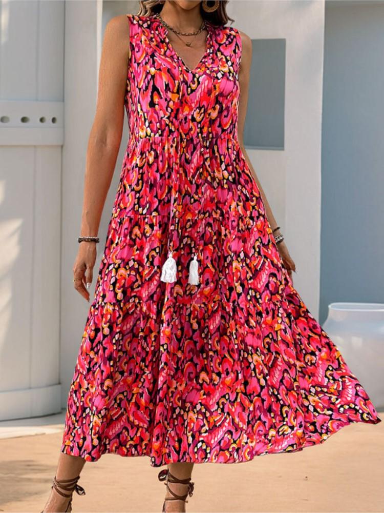 Tassel Lace Up Fashion New Mid Length Skirt Summer Vacation Style Sexy Sleeveless V-neck Abstract Print Casual Loose Dress