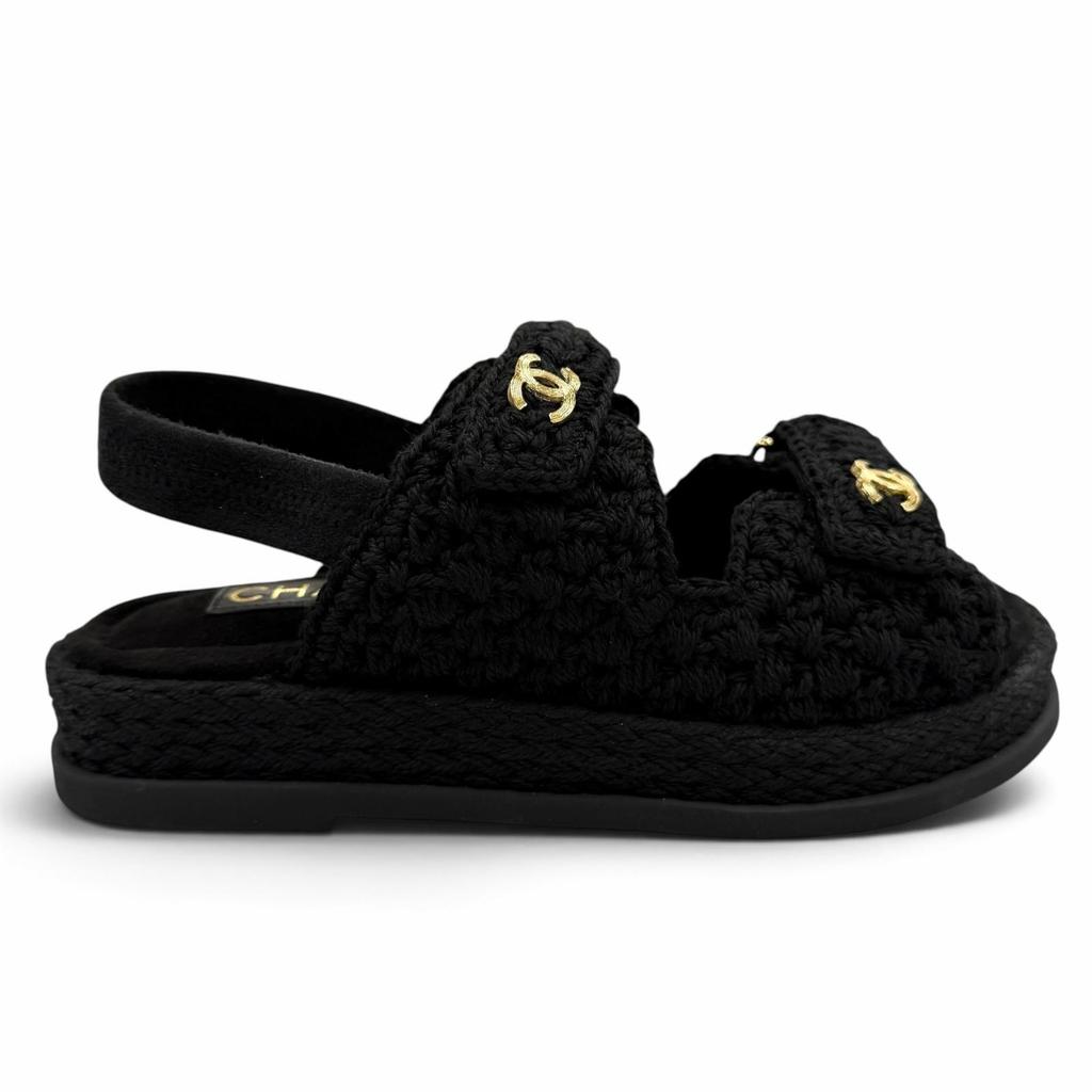 Pristine CHANEL Sandals COCO Mark Velcro Knit Black Suede Leather 37 G46339 Used