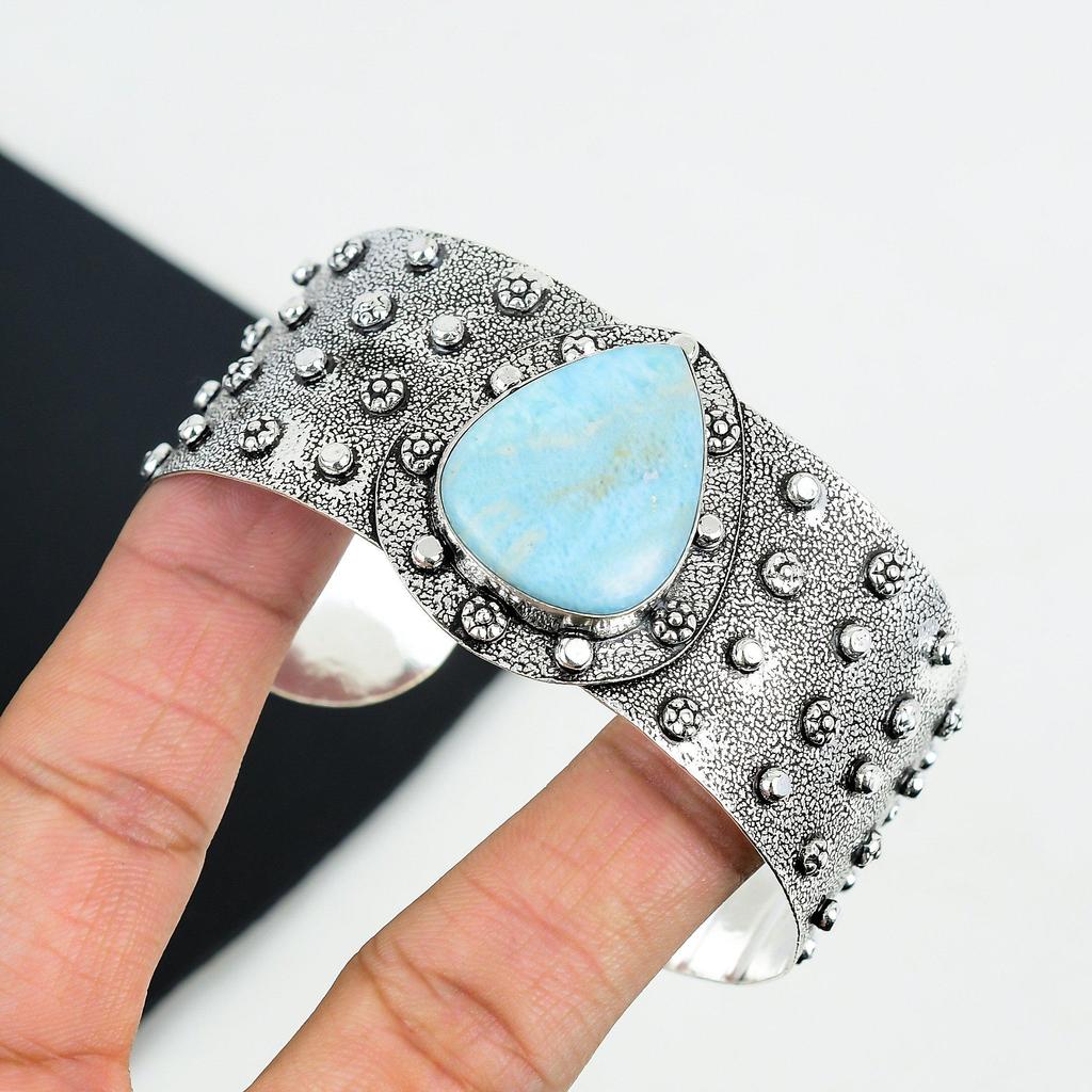 Natural Larimar Gemstone Handmade 925 Sterling Silver Cuff Bangle , Larimar Bangle,For Wife, Unisex Bangle, Gifts For Birthday