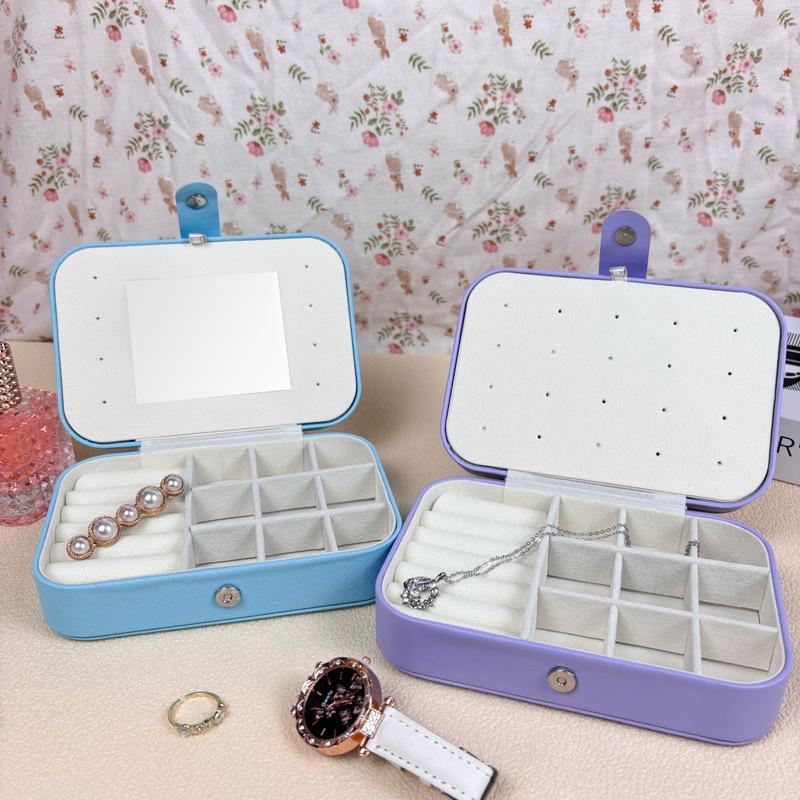 Travel Jewelry Storage Box with Mirror Solid Color Simple Earrings Ring Necklace Jewelry Box Double Layer Household Jewelry Box