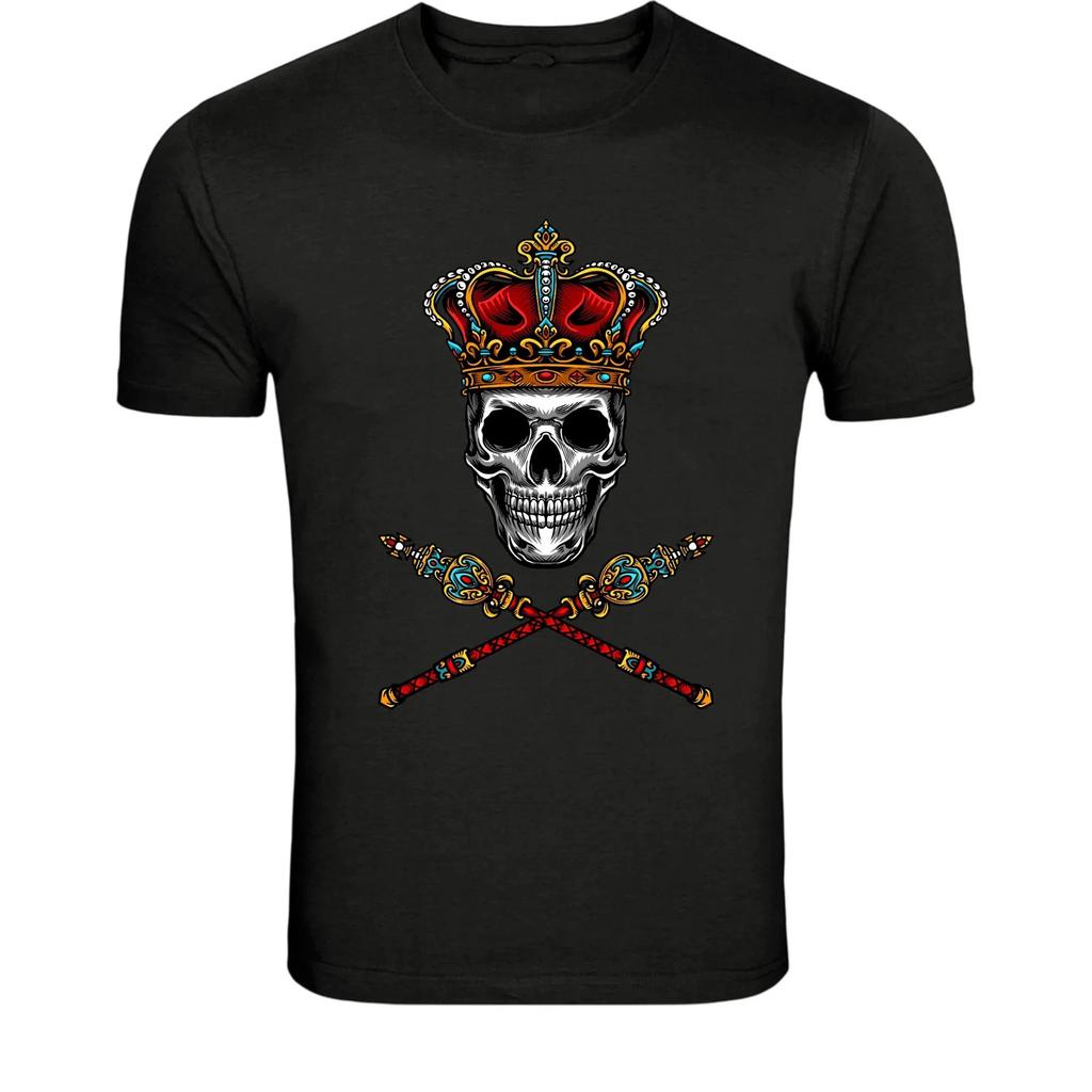 King Skull Crown T-Shirt - Royal Skeleton Cross Swords Graphic