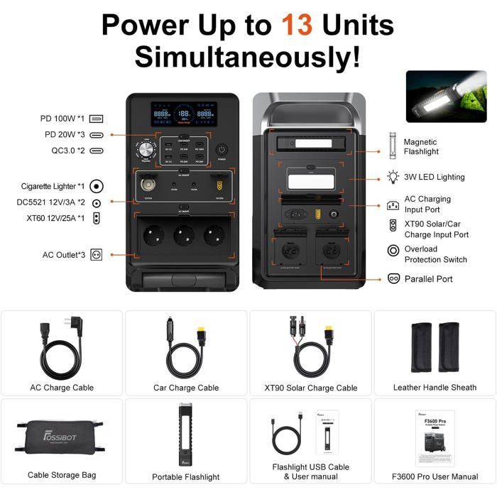 FOSSiBOT F3600 Pro Portable Power Station + 1x FB3840 Expansion Battery LiFePO4| 7680Wh Solar Generator| APP/RV/Camping