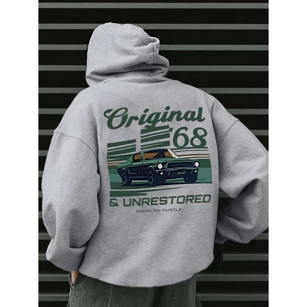 Fall Winter Original 68 & Unrestored American Muscle Vintage Car Print Hoodie for Men Fleece Thermal Hooded Street Unseix Top
