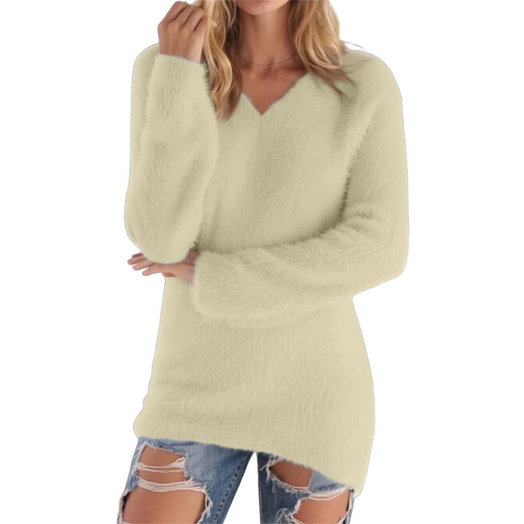 Womens Cute Sweaters Casual V Neck Fleece Pullover Long Sleeve Thermal Soft Fuzzy Sweater Winter Clothes