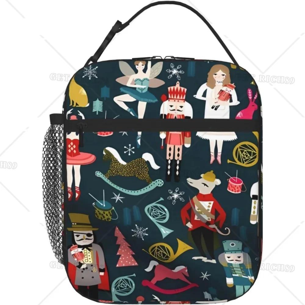 

Мягкая термосумка для ланча с принтом балета «Щелкунчик» и боковым карманом, ланч-бокс, термосумка для еды для женщин, работы, пикника 26x21x11CM чёрный