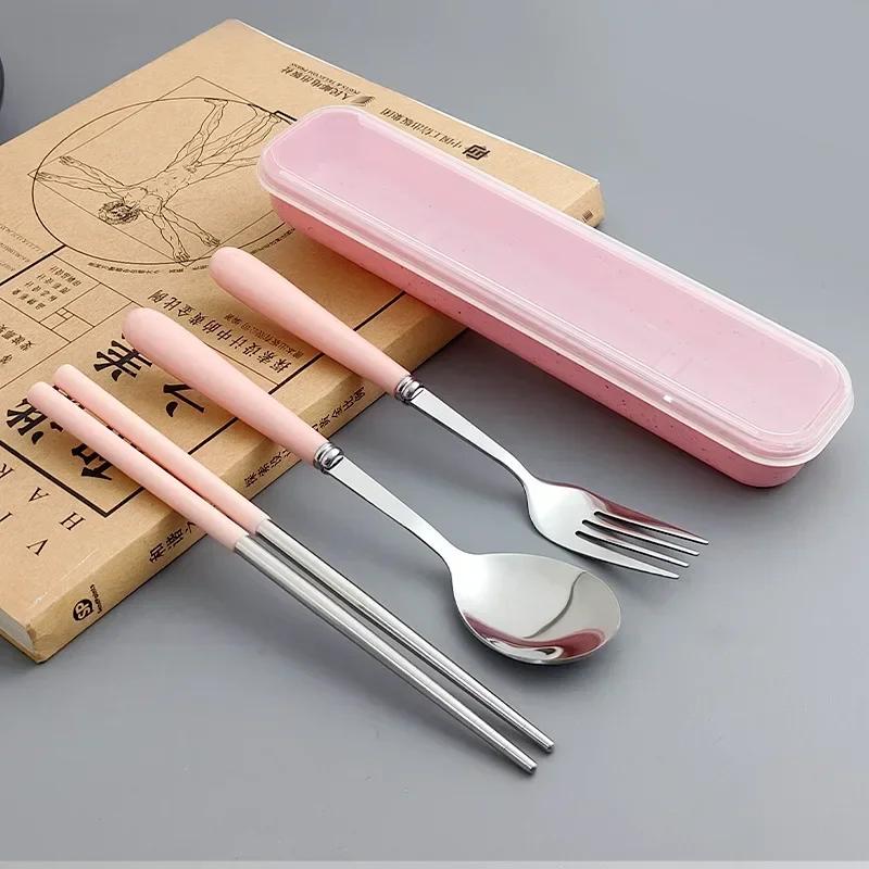 4PCS/Set Wheat Straw Tableware Box Spoon Fork Chopsticks Cutlery Dinnerware Children Adult Travel Portable Kitchen Accessories